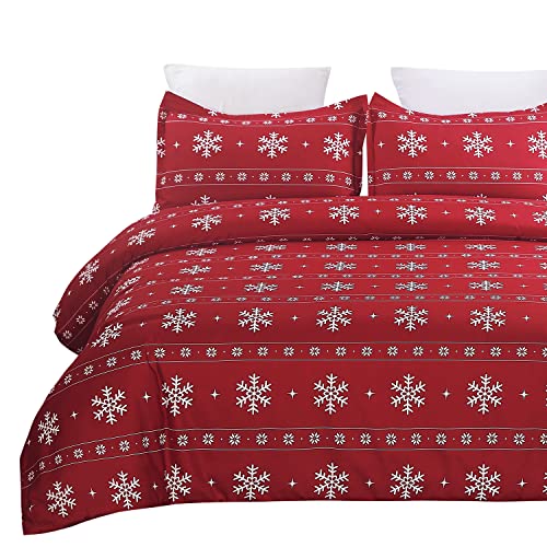 Vaulia Red Snowflake Microfiber Duvet Cover Set Queen - Festive Holiday Bedding