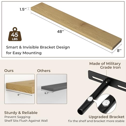 Oak Floating Wall Shelves Set of 2 - 47.2 Inch Rustic Modern Storage