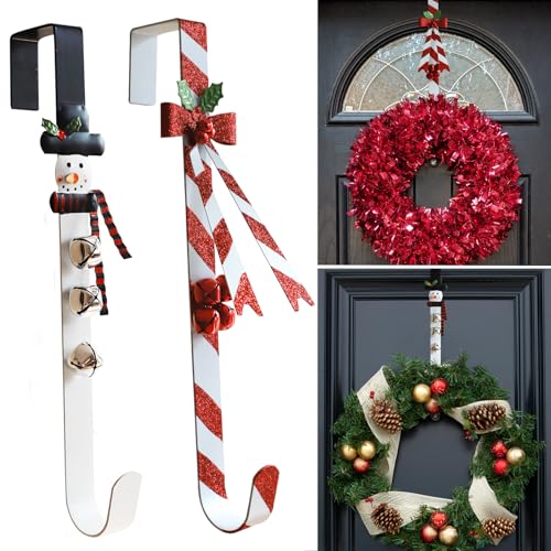 2-Pack Metal Candy Cane & Snowman Wreath Hangers for Front Door - Red, White, Black