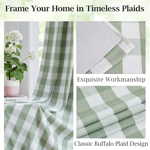 84 Inch Sage Green Buffalo Plaid Blackout Curtains - Pack of 2, 40"W x 84"L
