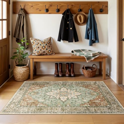 Washable Area Rug 3x5 ft - Vintage Sunflower Pattern, Non-Slip, Pet Friendly