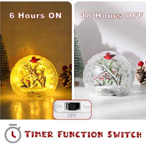 Yinhua Lighted Christmas Decorations Indoor, 4" Cardinal Bird Crackle Glass Balls, Light Up Christmas Globe Light with Timer, Xmas Centerpieces for Tables Mantel Fireplace Living Room Gift