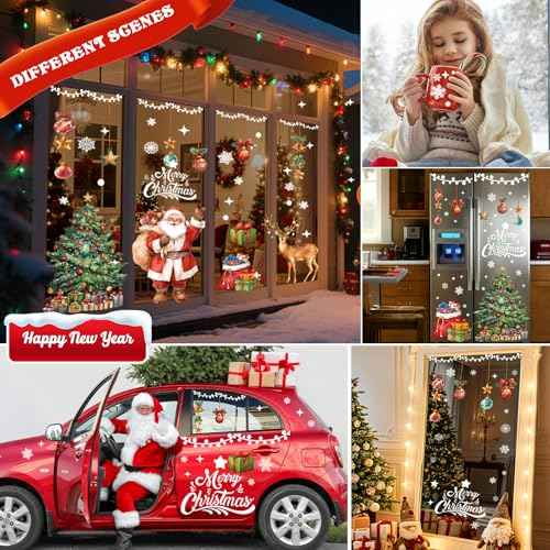 174PCS Christmas Window Clings Decorations Cute Large Christmas Tree Stickers Santa Claus Xmas Fall Window Snowflake Decal for Holiday Party Office (6 Sheets