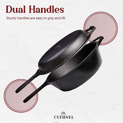 Cast Iron Skillet with Lid - 3 Qt Deep Frying Pan & Multi-Use Cooker - 10 Inch, Pre-Seasoned, Versatile Cookware