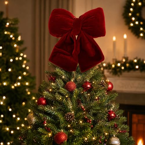 Red Velvet Christmas Tree Bow Topper 8.3in Holiday Wreath Decoration