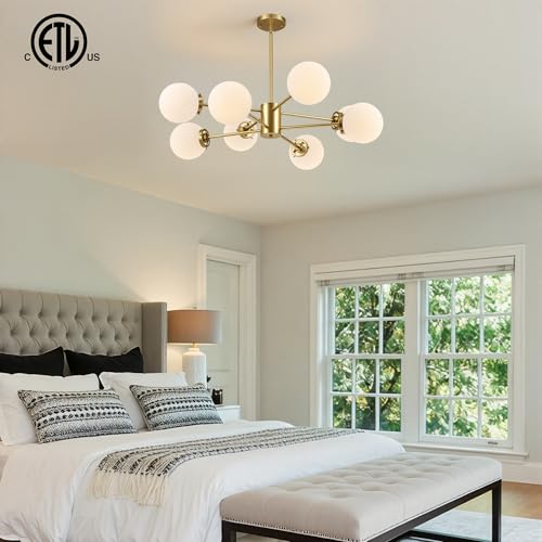 Gold 8-Light Sputnik Chandelier Frosted Glass Ceiling Light Fixture