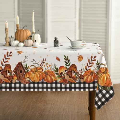 Horaldaily Fall Tablecloth 52x70 Inch Rectangular, Thanksgiving Autumn Harvest Pumpkin Mushroom Black Buffalo Plaid Table Cover for Party Picnic Dinner Decor