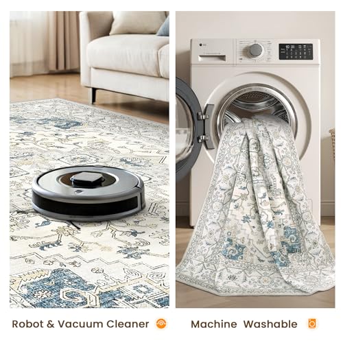 befbee 8x10 Beigeblue Washable Area Rug Stain-Resistant Non-Slip Living Room Carpet