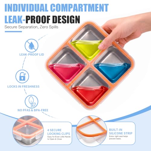 KEABOX 4-Pack Stainless Steel Snack Containers with 4 Compartments, Leak-Proof, 3 Cups Capacity