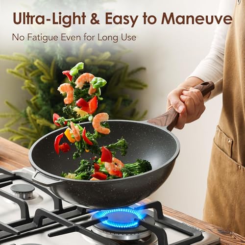 SENSARTE 11-Inch Nonstick Wok Pan with Lid - Gray, Healthy Stir-Fry Chef's Pan