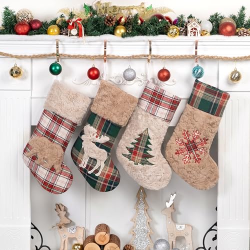 LUBOT 4 Pack Christmas Stockings 20" Red Green Plaid Plush Rustic Farmhouse Decor