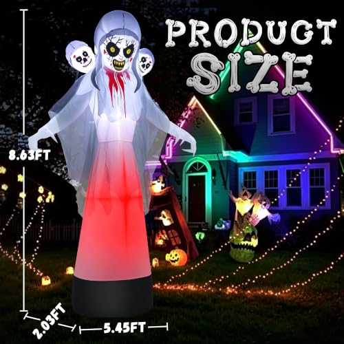 8.6FT Halloween Inflatable Grim Reaper Ghost with Skull Heads - Outdoor Yard Decor