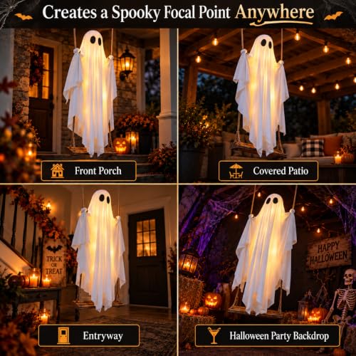 Halloween Outdoor Swinging Ghost with Lights - 5 FT Light Up Ghost Porch Decor with Remote String Lights - Halloween Yard & Entryway Decoration