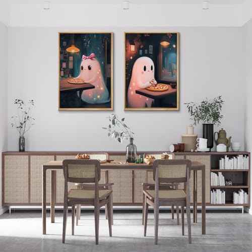 2Pcs Halloween Canvas Wall Art Pink Academic Romantic Ghost Posters Prints Cute Ghost Restaurant Eating Pizza Pictures Wall Decor for Living room Restaurant Kitchen Decoration Unframed