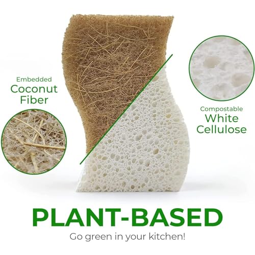 Natural Kitchen Sponges 24 Pack - Plant-Based Cellulose & Coconut Scrubber - Eco-Friendly Non Scratch & Compostable Dish Sponges - Variation of THIS listing 24