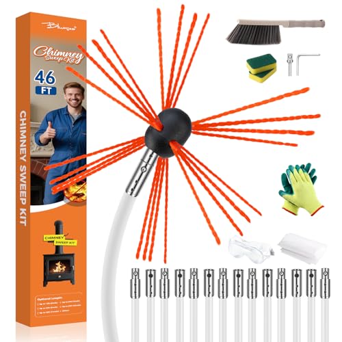 46FT Bluesea Chimney Sweep Kit with Strong Nylon Brush & 14 Flexible Rods