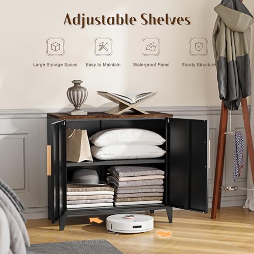 Letaya Metal Storage Cabinet with Doors - Small Kitchen Office Credenza, Black, 16 x 32 x 30 Inches