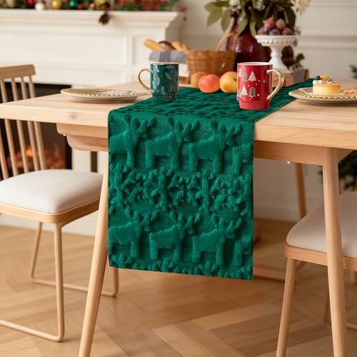 OTOSTAR Snowflake & Elk 13x108in Plush Faux Fur Table Runner, Green
