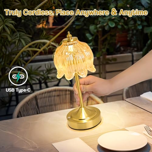 Crkwos Rechargeable Amber Glass Lotus Flower Cordless Table Lamp - Flower Amber Variation