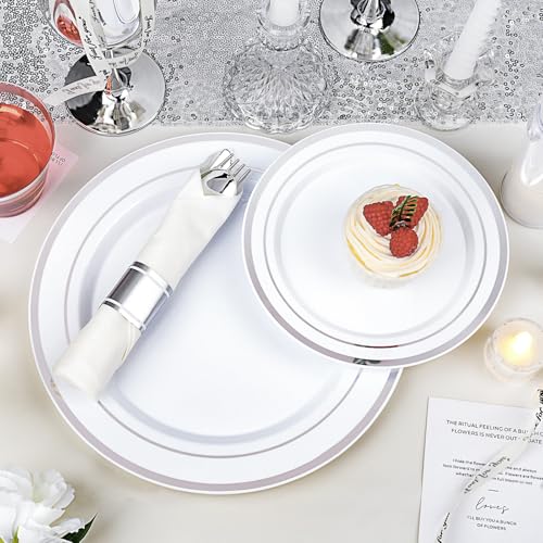 realluck 350 PCS White and Silver Plastic Dinnerware Set for 50