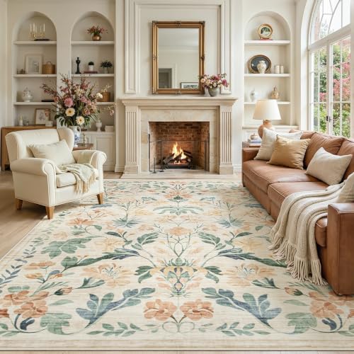 Beige 8x10 Boho Floral Washable Area Rug for Living Room & Bedroom