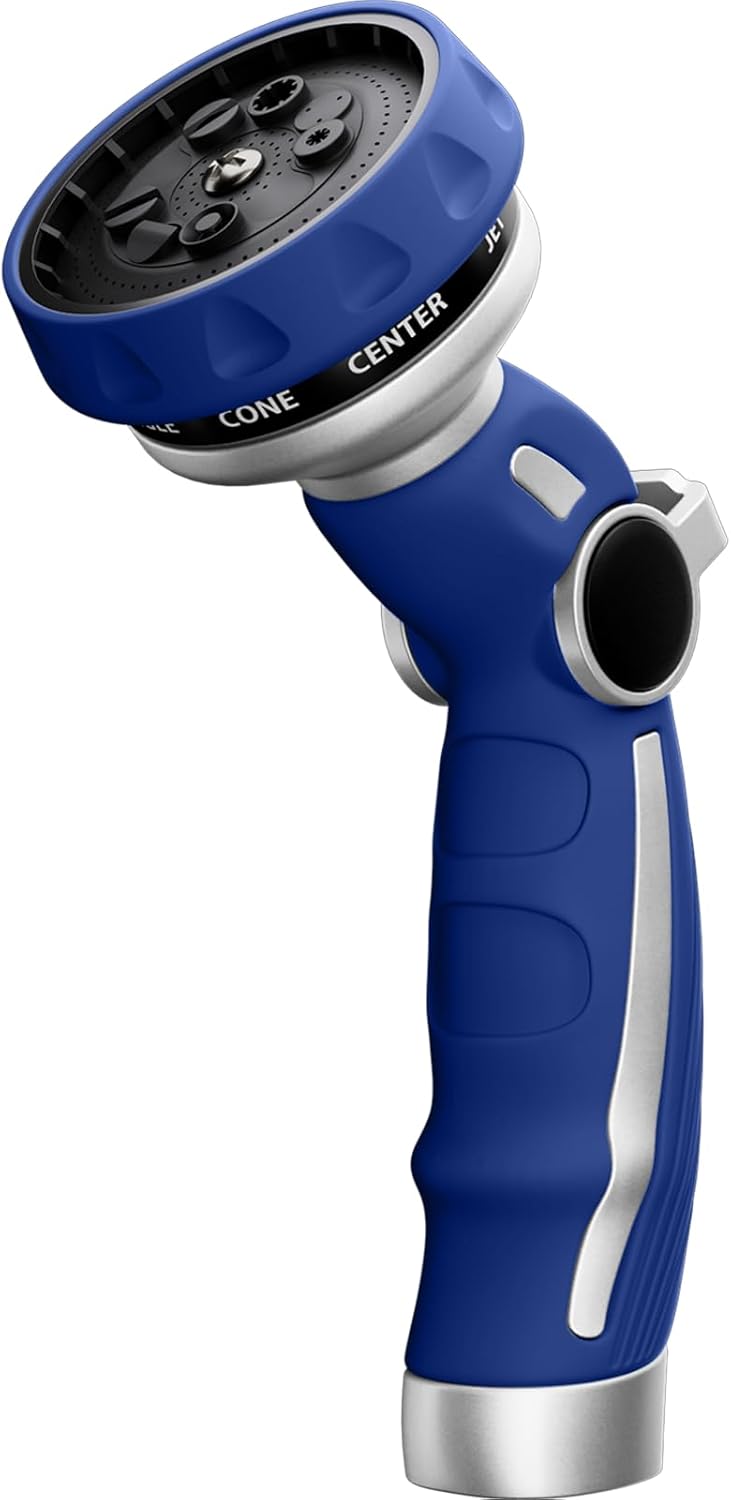 RESTMO Heavy-Duty Metal Hose Nozzle - 9 Spray Patterns | High Pressure with Thumb Flow Control | Ideal for Lawn, Car & Pet Washing, Blue