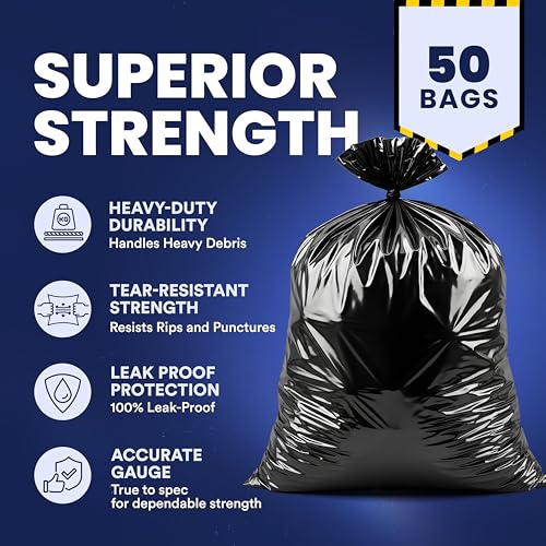 Heavy Duty Contractor Trash Bags 40-45 Gallon 3.0 Mil Black 50 Count - Puncture & Tear Resistant