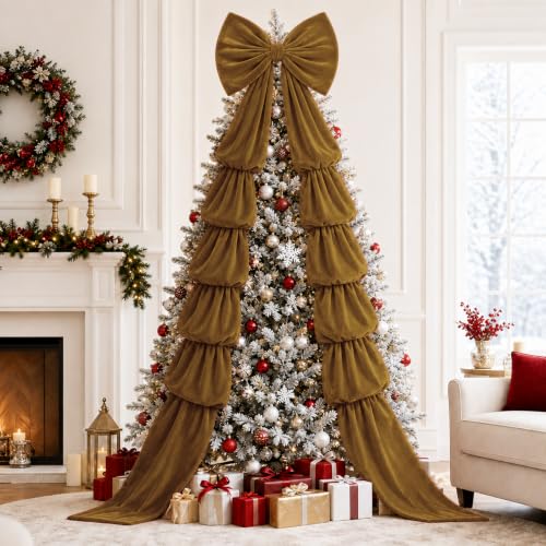 ARQRHTLY 75x20 Inch Dark Brown Velvet Bow Christmas Tree Topper - Rustic Holiday Decor