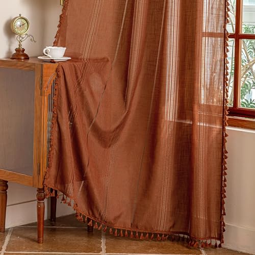 Z-Tassel Terracotta Boho Burnt Orange Curtains 50"x84" Set of 2 - Light Filtering Semi Sheer Farmhouse Style