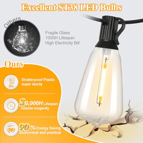 Outdoor String Lights 100FT Black Wire 52 Bulbs Waterproof Patio Decor