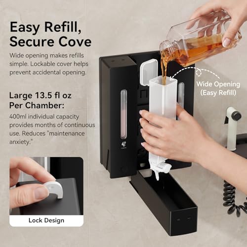 Wall-Mounted Shampoo and Conditioner Dispenser Set - No-Drill 1200ML Capacity - Black 3-Pack
