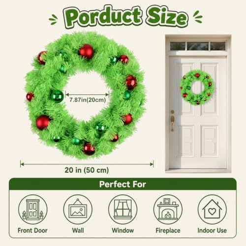 Enven Lime Green Christmas Wreath with Ornaments - Indoor Outdoor Holiday Decor