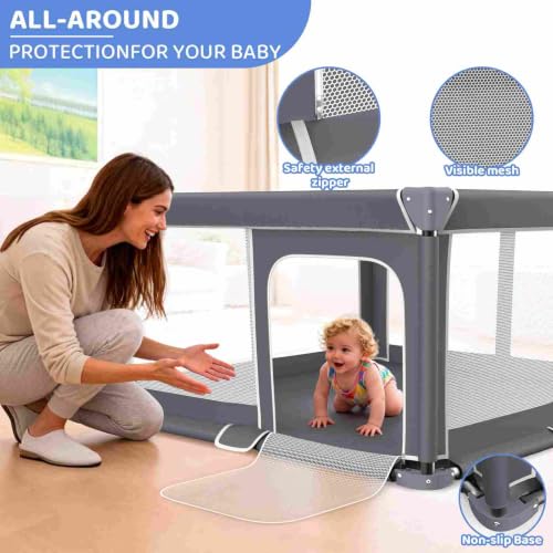 Foldable Baby Playpen with Mat - 50x50 Inch Safety Play Yard for Toddlers - Indoor & Outdoor, Portable Collapsible Design - Dark Gray