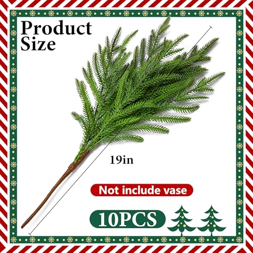 10 Pcs Christmas Norfolk Pine Branches, 19" Extra Length Artificial Xmas Branches Plants Pine Needles, Fake Greenery Norfolk Pines Stems Sprigs for DIY Craft Garland Home Garden Decor
