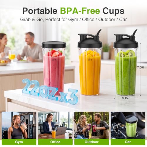 Personal Blender with 3 22oz To-Go Cups - Black | Smoothie & Shake Maker