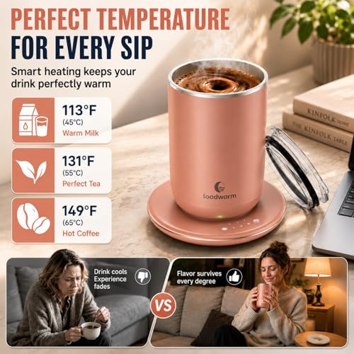 Self Heated Stirring Coffee Mug - 10oz Rose Auto Mixing Cup with Warmer - Dusty Rose Variation
