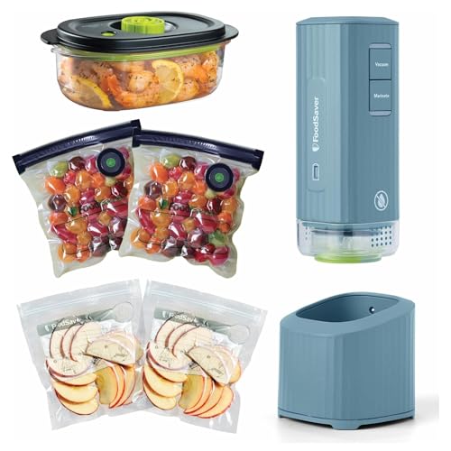 FoodSaver Mini Handheld Vacuum Sealer with Marinate Mode & Blue Charging Dock