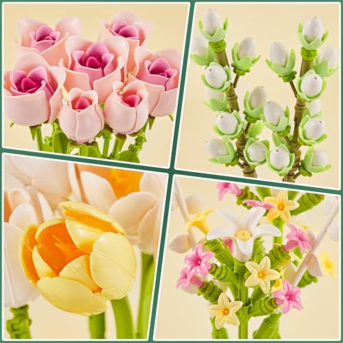 Building Set for Adults - Tulip and Rose Flower Bouquet DIY Kit, 487 Pieces