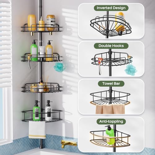HAMITOR Corner Shower Caddy Tension Pole No-Drill Rustproof Bathroom Shelf - Black