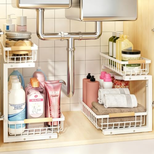White Under Sink Organizer 2 Pack - Height Adjustable Kitchen & Bathroom Storage