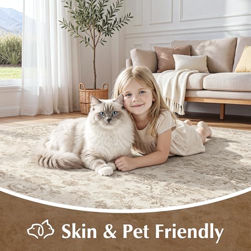 Beauoop 8x10 Beige Vintage Oriental Area Rug for Bedroom - Washable, Low Pile, Non Slip