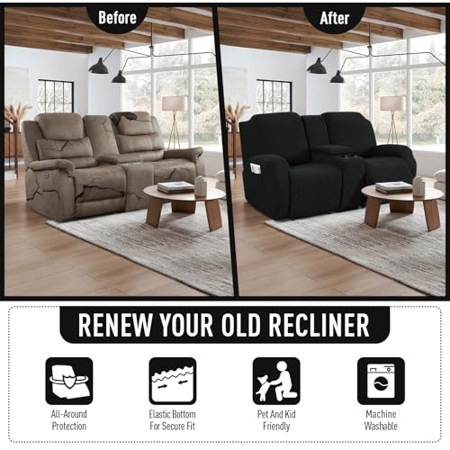 Stretch Loveseat Recliner Cover with Middle Console - Black, 2 Seat