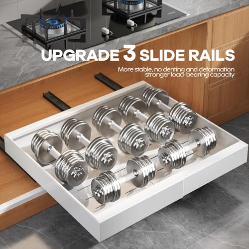 White 2 Pack Expandable Pull Out Cabinet Organizers for Wide Cabinets - 15.1 to 26.3 inch Width, 21 inch Depth, No Drill, Rolling Shelves