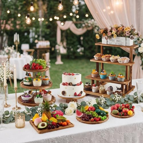 Wood Dessert Table Stand Set - 3 Tier, 4 Tier, Cupcake & Square Trays - Brown - Roowest