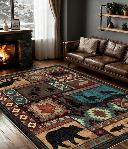 YIHOUSE 5x7 Brown Washable Rustic Cabin Area Rug - Non-Slip, Pet Friendly