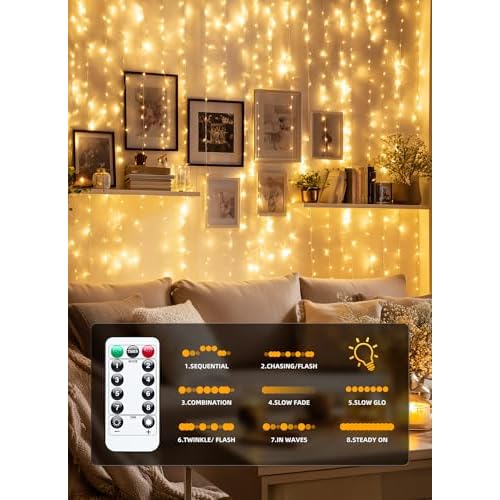 Brightown 300 LED Fairy Curtain Lights, 9.8ft x 9.8ft Warm White Curtain String Lights, USB Plug in 8 Lighting Modes Christmas Decoration, Hanging Lights with Remote for Bedroom Indoor Weddings Dorm