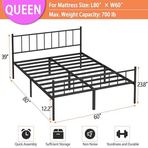 DIIYIV Queen Metal Bed Frame - Black Steel Slat Support, Noise-Free, Easy Assembly