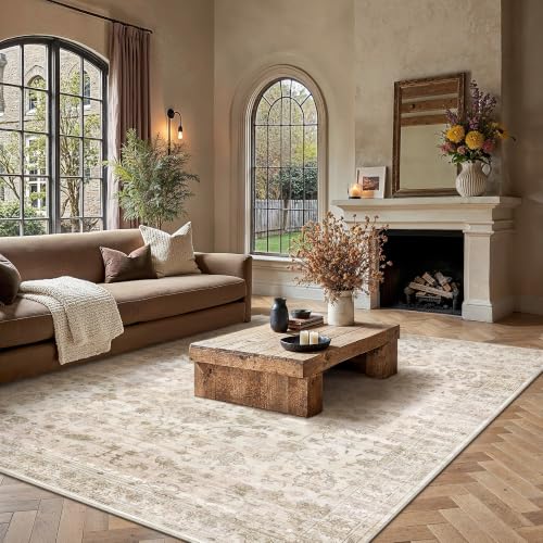 Vintage Beige Washable Area Rug 8x10 - Farmhouse Style, Low Pile, Non-Slip Backing