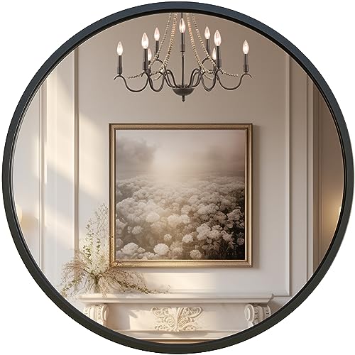 G-LEAF 32-Inch Black Round Wall Mirror for Bathroom & Entryway with Matte Metal Frame - Seamless, Durable & Easy to Install