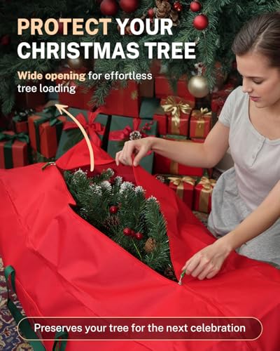 MaidMAX 9ft Christmas Tree Storage Bag with Handles, 63.5x15x27in, Red